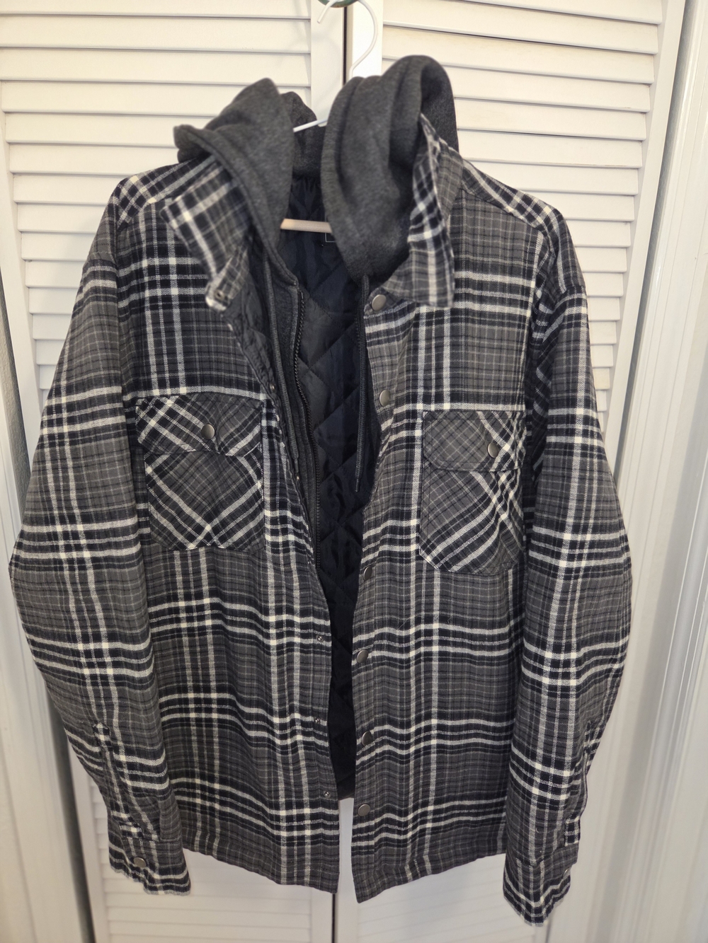 Eddie Bauer Gray and Black Plaid Hooded Shirt Jacket
